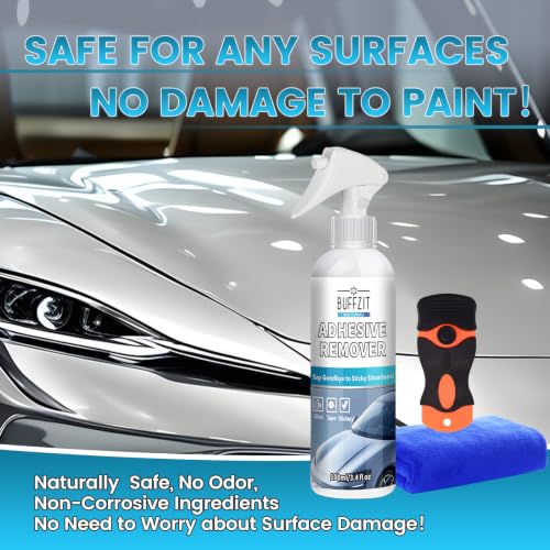 Car Adhesive Remover Spray – Glue & Sticker Remover for Car Paint, Glass & Windows, Removes Decals, Tape & Label Residue – Automotive Adhesive Cleaner Kit with Scraper & Towel, 3.4oz/100ml