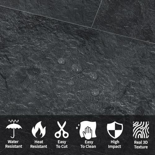 AULIGET 6" x 12" Black Slate Peel and Stick Backsplash Wall Tiles, PVC Faux Stone Stick on Tiles for Backsplash Kitchen, Bathroom, Laundry Room, Camper, Fireplace (Pack of 20) - color: Black Slate, size: 20 Sheets, 6"x12"x0.12"