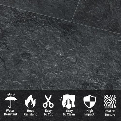 AULIGET 6" x 12" Black Slate Peel and Stick Backsplash Wall Tiles, PVC Faux Stone Stick on Tiles for Backsplash Kitchen, Bathroom, Laundry Room, Camper, Fireplace (Pack of 20) - color: Black Slate, size: 20 Sheets, 6"x12"x0.12"