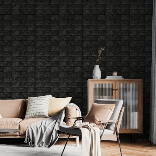 Peel and Stick 3D Foam Wall Panels, Self Adhesive Wallpaper - color: Black, size: 30 PACK