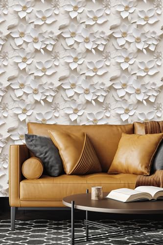 Peel and Stick Wallpaper Cream White Floral Accent - color: Cream&yellow, size: 17.7" x 118"