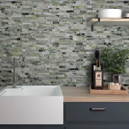 SUNWINGS 5-Sheet Peel and Stick Mosaic Natural 3D Stone Self Adhesive Marble Tiles, 11.5" x 10.7" Stick on Backsplash for Kitchen Bathroom Fireplace Vanity, Emerald Green - color: Emerald Green
