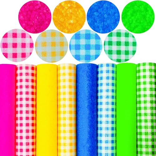 8pcs Colorful Plaid Printed Faux Leather Sheets 8x12 inch Shiny Crystal Candy Solid Color Chunky Glitter Girl Fabric for Bows Crafts (Summer Plaid), 19014 - color: Summer Plaid
