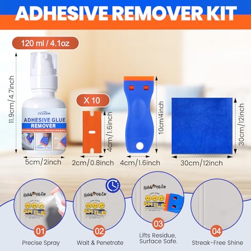 Adhesive Sticker Remover Spray with Goo & Glue – Rapidly Remove Decals, Window Tint, Glue Residue from Cars, Windshields, Glass, Walls & Boats, Includes Scraper & 10 Plastic Razors (4.1 oz)