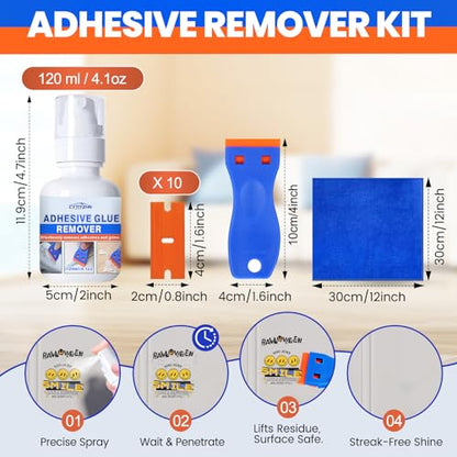 Adhesive Sticker Remover Spray with Goo & Glue – Rapidly Remove Decals, Window Tint, Glue Residue from Cars, Windshields, Glass, Walls & Boats, Includes Scraper & 10 Plastic Razors (4.1 oz)
