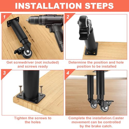 WOPPLXY 4 Pcs 7-10 Inch Metal Adjustable Furniture Legs with Swivel Caster Wheels, Heavy Duty Replacement Support Legs, Metal Legs for Table with Wheels for Cabinet/Sofa/Bed/Dresser/Couch/Coffee Table