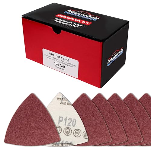 ProductionShop Premium 120 Grit Triangle Mouse Detail Sander Sandpaper Sheets, Box of 45 - Hook & Loop, Triangular Shaped Mouse Disc Pads - Oscillating Multi-Tools - Woodworking, Sand Furniture Paint - style: 120 Grit