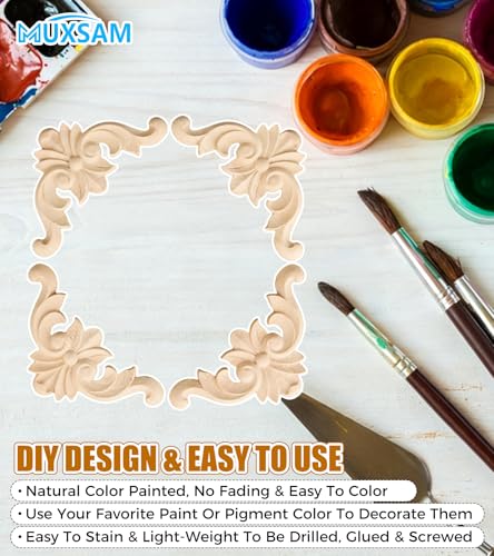 4Pcs Wood Carved Onlay Appliques, Unpainted Wooden Corner Carving Decals - size: 3.94 x 3.94 inches
