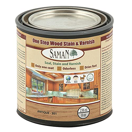 SamaN Interior One Step Wood Seal, Stain and Varnish – Oil Based Odorless Dye - Protection for Furniture and Fine Wood (Antique SAM-301, 8 oz) - color: Antique, size: 8 oz