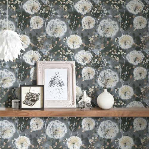 Nukofal Dandelion Wallpaper Peel and Stick Floral Wallpaper 16.9"x118.1" - color: Dark Gray, size: 16.9" x 118.1"