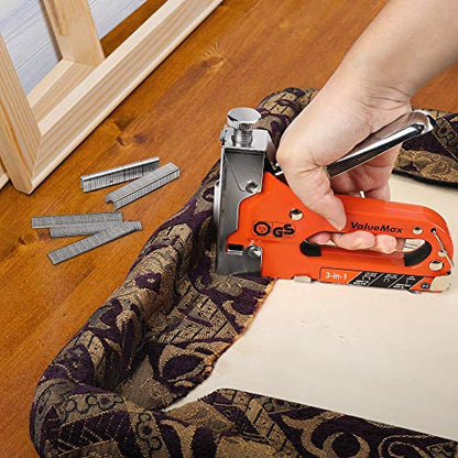 ValueMax Staple Gun, Heavy Duty 3-in-1 Manual Nail Gun with 3000 Staples, Upholstery Stapler for Wood, Furniture, Carpet, Carpentry, DIY, Wire, Decoration, Craft, Fixing Material, Decoration - style: Orange & 3000 Staples