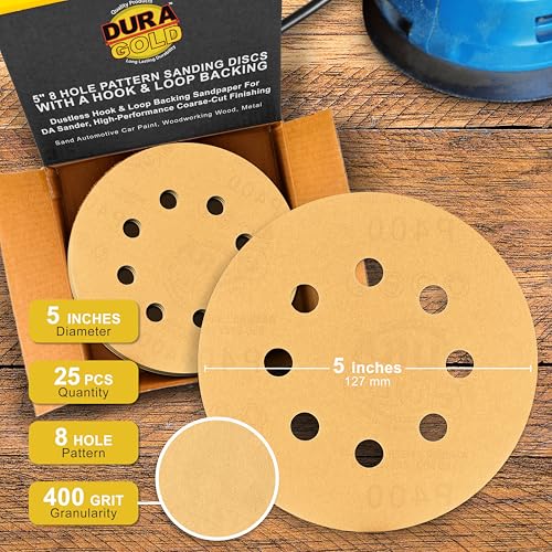 Dura-Gold 5" Gold Sanding Discs, 400 Grit, Box of 50, 8 Hole Pattern, H & L - size: 400-Grit - Gold