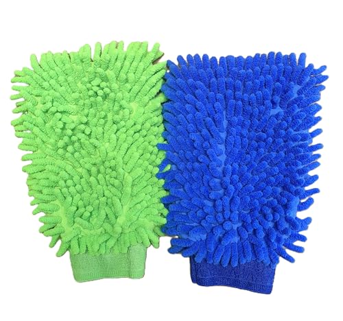House Cleaning and Car Wash Mitts, Home Dusting Microfiber Gloves, Washing Clean Polish Faster (2-Pack, Green/Blue) - color: Green/Blue