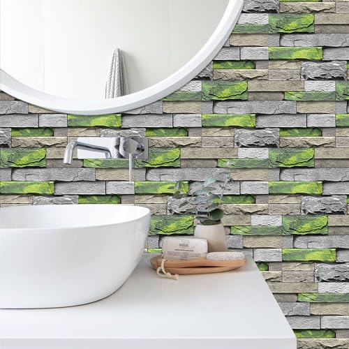 Alwayspon 24Pcs 12x6inch Peel&Stick Wall Sticker Vinly Wallpaper, Waterproof Backsplash for Kitchen Bathroom, Self-Adhesive Tile Transfers Decal Stick on Tiles with GreenYellow Stone Brick Effect - color: Fg-l15, size: 24 Pcs