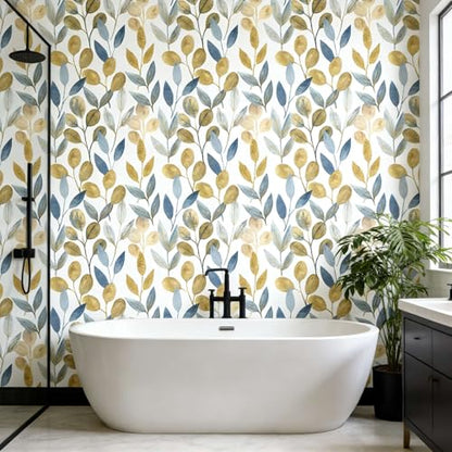 Blue and Gold Leaf Peel and Stick Wallpaper 17.7" x 212.6" - color: Blue/Gold, size: 17.7" x 212.6"