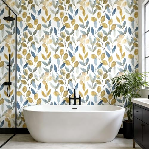 Blue and Gold Leaf Peel and Stick Wallpaper 17.7" x 354" - color: Blue/Gold, size: 17.7" x 354"