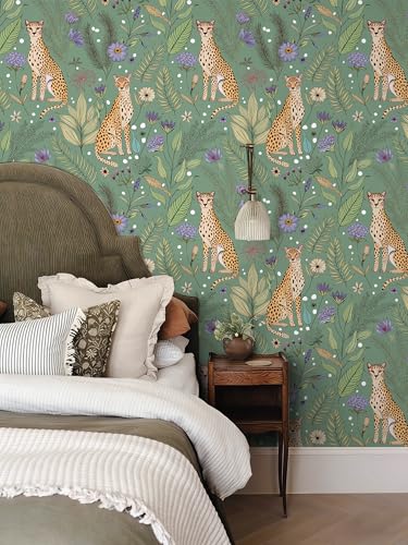 Floralplus Cheetah Peel and Stick Wallpaper Sage Green Wallpaper - color: Sage Green, size: 17.5" x 118"