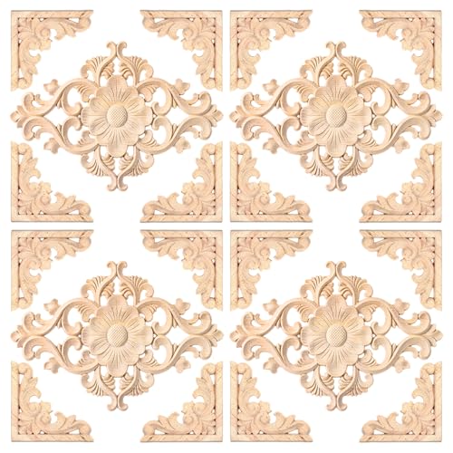 20 Pcs (4 Set) Wooden Appliques Decorative Carved Onlays, Wooden Carved Appliques DIY Decoration for Wood Furniture, Wood Carving Decals for Wall Cupboard Door Bed Cabinet