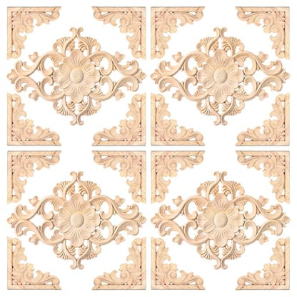 20 Pcs (4 Set) Wooden Appliques Decorative Carved Onlays, Wooden Carved Appliques DIY Decoration for Wood Furniture, Wood Carving Decals for Wall Cupboard Door Bed Cabinet