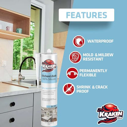 Kraken Bond Premium RTV Silicone Sealant Clear, 48x10.1 fl.oz. 100% Waterproof Silicone Caulk for Kitchen, Bathroom, Shower, Sink, Tub, Window & Door - size: 48 Pack