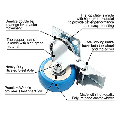 12 Pack Caster Swivel Plate On Blue Polyurethane Wheels PU(6 pc no Brake + 6 pc w/Brake) - size: Combo - 6 No brake & 6 With Brake