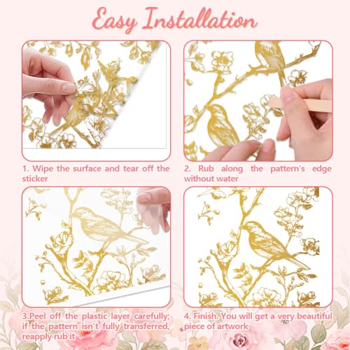 Peacoblue Gold Branches and Birds Rub On Transfers for Furniture 6"x12" - style: Gradient Gold Branches and Birds