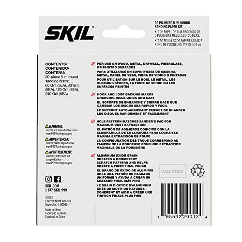 SKIL 20-Piece Mixed 5 in. 60/80/120/240 Grits Round Sanding Paper Kit for SKIL Sanders SR211601/SR6604B-10/SR660302 - CDA9003 - style: Orbital Sanding Paper (20pc)