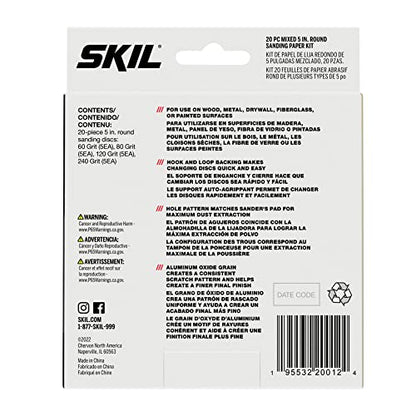 SKIL 20-Piece Mixed 5 in. 60/80/120/240 Grits Round Sanding Paper Kit for SKIL Sanders SR211601/SR6604B-10/SR660302 - CDA9003 - style: Orbital Sanding Paper (20pc)