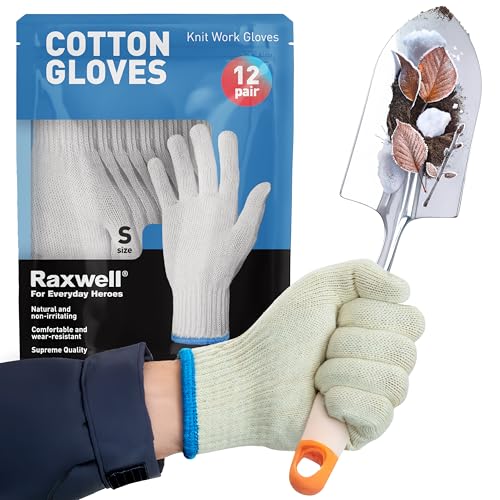 Raxwell White Cotton Gloves - Premium Knit Work Gloves, 12 pairs - Durable Liners for BBQ, Painting, Gardening, Industrial, & Mechanics, Natural Color, Size Small - size: Small, style: 12 Pairs