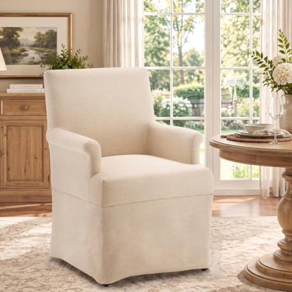 Arm Dining Chair Fabric Long Skirt Slipcovered High Back Upholstered Dinner - color: Beige, size: 1 PC