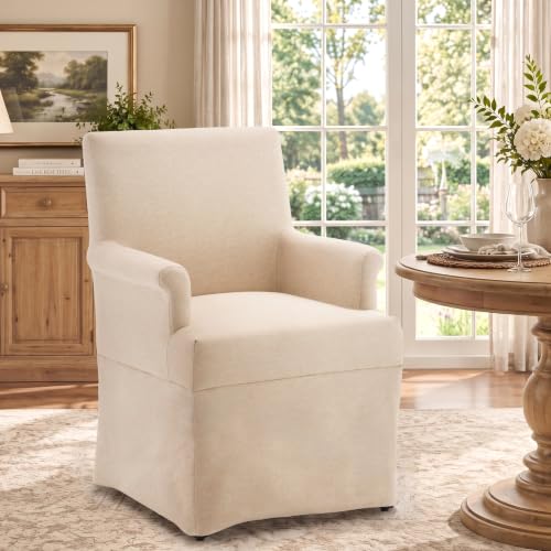 Arm Dining Chair Fabric Long Skirt Slipcovered High Back Upholstered Dinner - color: Beige, size: 1 PC