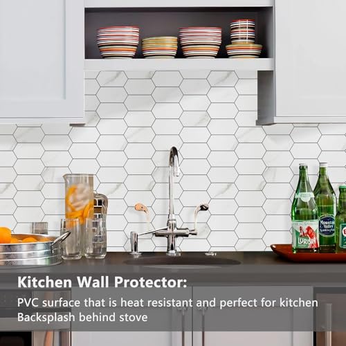 Vamos Tile Long Hexagon Peel and Stick Backsplash Tile - 10 Sheets Stick on Backsplash for Kitchen and Bathroom 12.4 x 12 Inch White Marble Look PVC Self Adhesive Mosaic Wall Tiles - color: ‎Statuary Marble Look