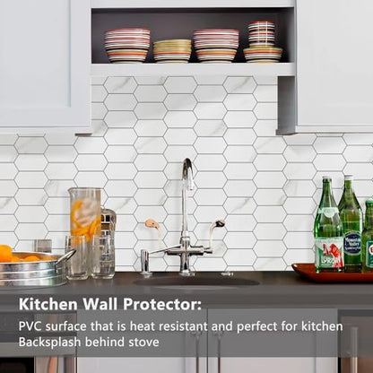 Vamos Tile Long Hexagon Peel and Stick Backsplash Tile - 10 Sheets Stick on Backsplash for Kitchen and Bathroom 12.4 x 12 Inch White Marble Look PVC Self Adhesive Mosaic Wall Tiles - color: ‎Statuary Marble Look