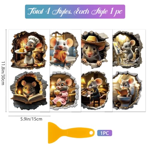 GLOBLELAND 4 Sheets 3D Mouse Rub on Transfers Mousehole Furniture Decor Transfers Animals Decal Transfers Stickers for Bedroom Living Room Desk Table Decoration - style: Mouse
