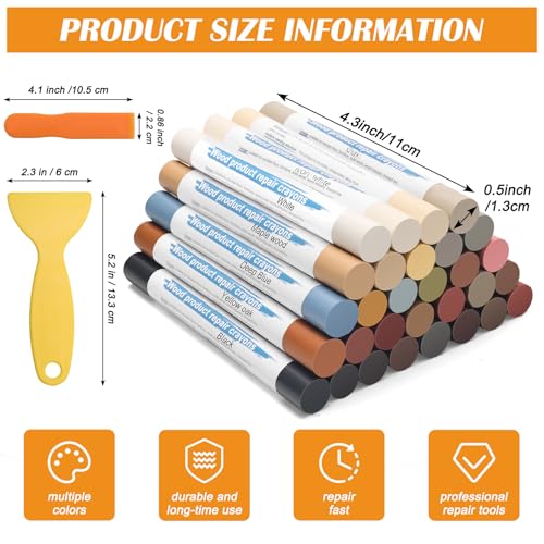 Windspeed 30+2P Wood Filler Stick 30 Color Wood Filler Putty Wax Crayons Furniture Repair Kit Putty Stick for Baseboard Cabinets Furniture Floors(with 2 Scrapers)