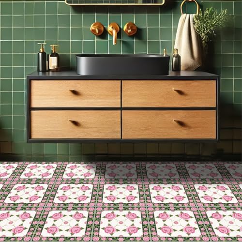 HOMETITUTE Pink Rose Green Border Peel Stick Floor Tile 12x12 Vinyl - color: Pink#1