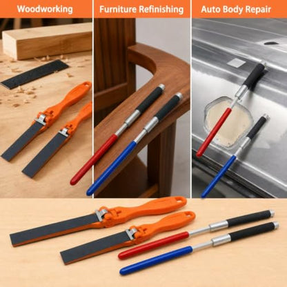 4PCS Sanding Block Set with Handle and Plastic Rod - Replaceable Flat File Sanding Sticks and Polishing Strips for Wood, Metal, Furniture, Cabinet, and Automotive Sanding Restoration