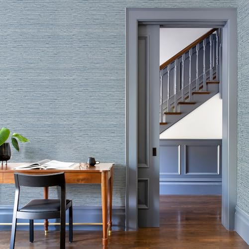 HueBurst Grasscloth Peel and Stick Wallpaper 17.3" x 394" Blue Textured Grasscloth Wall Paper Renter Friendly Wallpaper Self Adhesive Removable for Bathroom Bedroom - color: Blue, size: 17.3" x 394"