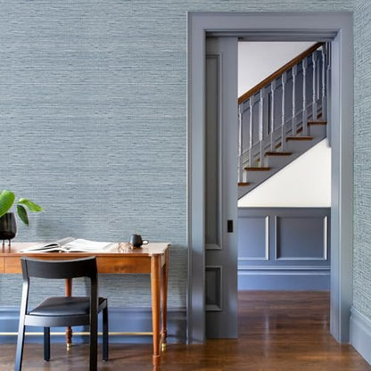 HueBurst Grasscloth Peel and Stick Wallpaper 17.3" x 394" Blue Textured Grasscloth Wall Paper Renter Friendly Wallpaper Self Adhesive Removable for Bathroom Bedroom - color: Blue, size: 17.3" x 394"