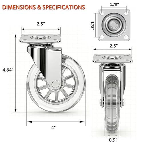 4" Caster Wheels, 1100lbs, Non-Marking, Quiet, Clear, Set of 4 - size: 4 inch, No Brake