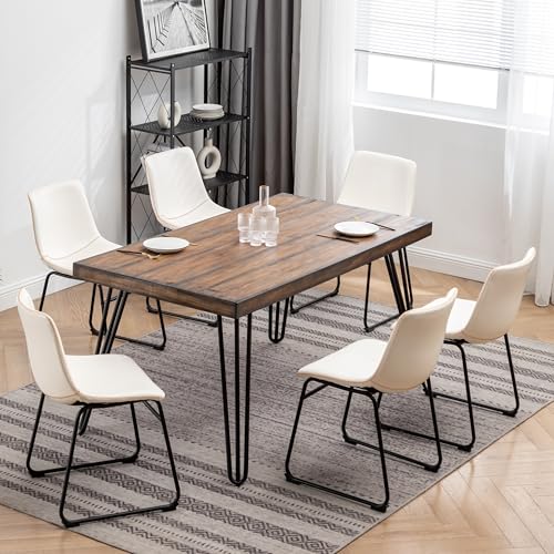 7-Piece Industrial Dining Set with 6 Faux Leather Chairs, Brown - color: Brown-a