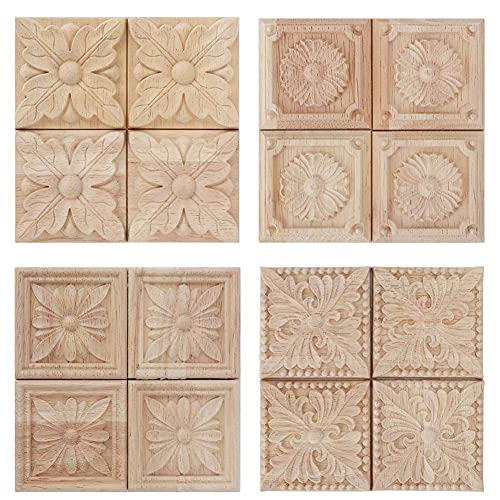 6x6cm Hand-Carved Wood Appliques, Unpainted Set of 4