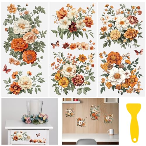 Rub on Transfers for Crafts, 3 Sheets Vintage Orange Floral Patterns Rub on Transfer Stickers for Wood DIY Home Office Decoration - color: Orange Peony