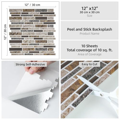 Vieshful Marble Peel and Stick Backsplash, 12 x 12 in, 10 Sheets - color: Dark Coffee Marble Mix, size: 10 Sheets