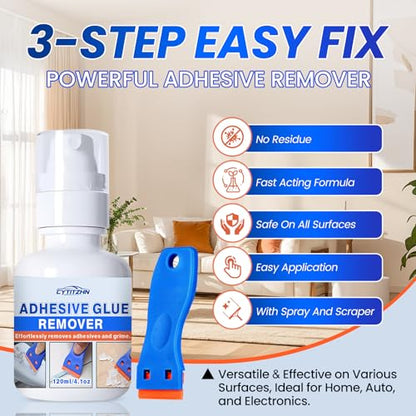 Adhesive Sticker Remover Spray with Goo & Glue – Rapidly Remove Decals, Window Tint, Glue Residue from Cars, Windshields, Glass, Walls & Boats, Includes Scraper & 10 Plastic Razors (4.1 oz)