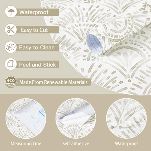 Safiyya Peel and Stick Wallpaper Boho Contact Paper 17.3"x 393" Beige and White Modern Wall Paper Self Adhesive Removable Wallpaper for Bedroom Vinyl Rolls - color: Beige and White, size: 17.3" x 393"