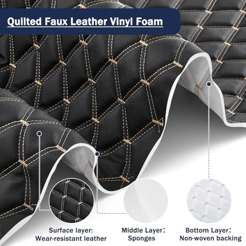 SmoothNovelty 5.5 Yards Diamond Quilted Vinyl Headliner Material 55 in Wide Faux Leather with Foam Backed 2" x 3" Diamonds Pattern Fabric for Car Furniture Upholstery(Black, Yellow Thread) - color: Black, Yellow Thread, size: 5.4 Yards