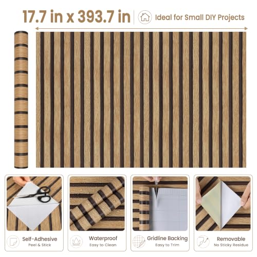 Abyssaly Brown Wood Slat Wall Panel Peel and Stick Wallpaper - color: Yellowish Brown, size: 17.7" x 393.7"