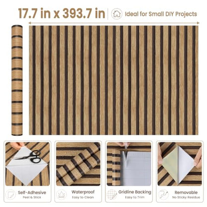 Abyssaly Brown Wood Slat Wall Panel Peel and Stick Wallpaper - color: Yellowish Brown, size: 17.7" x 393.7"