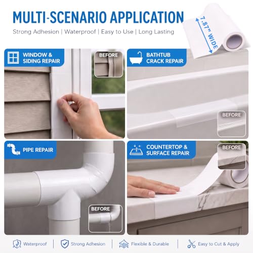 Wall Patch Repair Roll, 7.87" x 32.8' Waterproof Self-Adhesive Tape for Holes, Blemishes, Pool Liners, Vinyl Skirting, Durable White Patching Solution - color: White